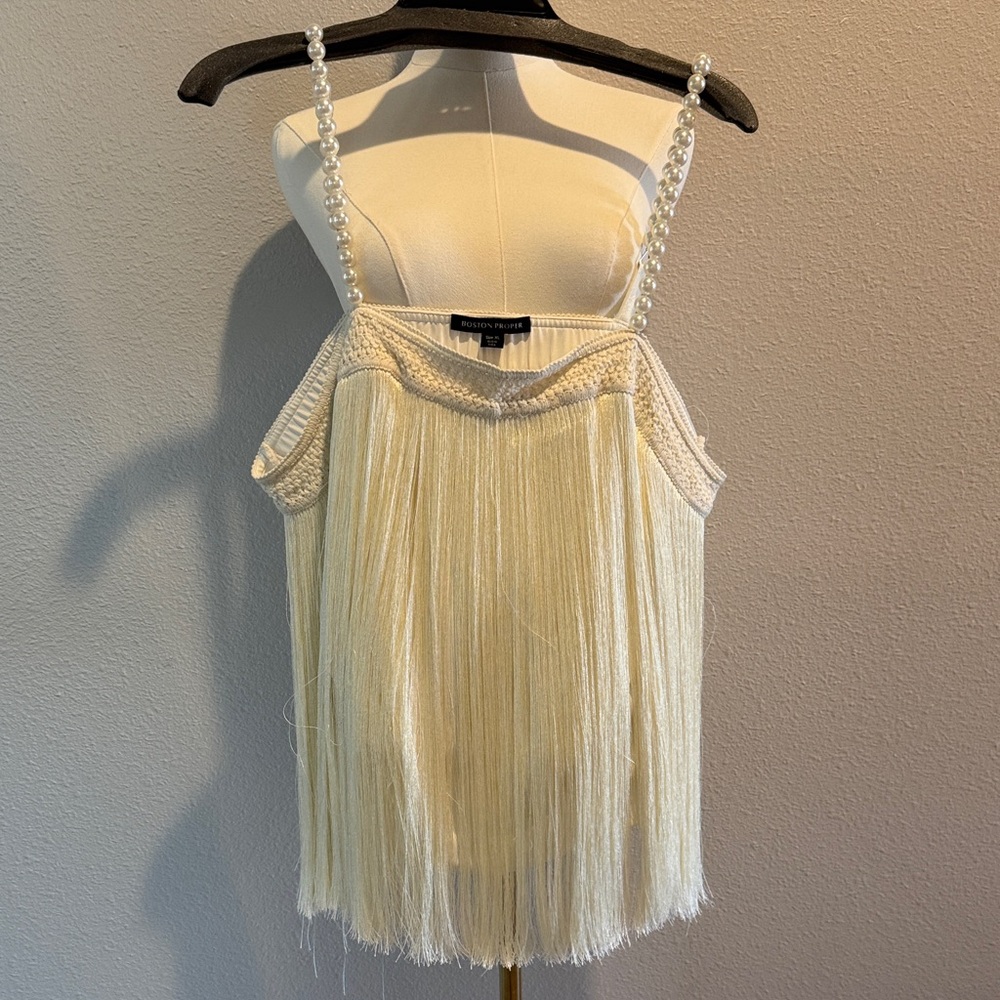 Boston Proper Cream Fringe Camisole with Pearl Straps